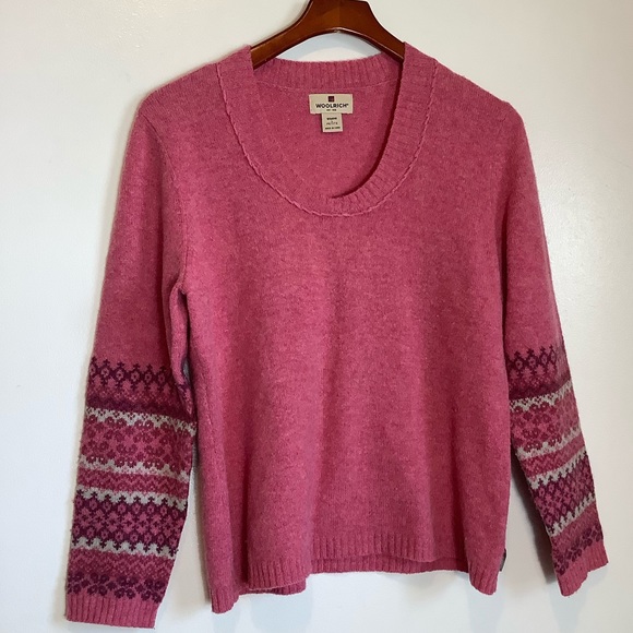 Woolrich Dahlia Sweater Women’s PL 100% Lambswool Pink Fair Isle Print Sleeves - Picture 9 of 12